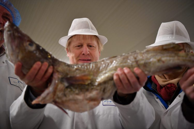 GRIMSBY, UNITED KINGDOM - DECEMBER 09: British Prime Minister and Conservative leader Boris Johnson poses holding a cod during a general election campagin visit to Grimsby Fish Market on December 9, 2019 in Grimsby, United Kingdom. The U.K will go to the polls in a general election on December 12. (Photo by Ben Stansall ? WPA Pool/Getty Images)