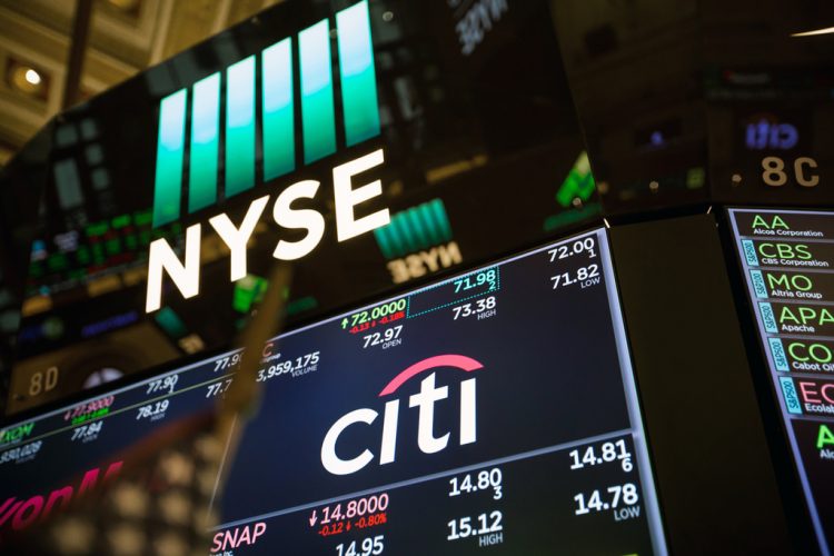 A monitor displays Citigroup Inc. signage on the floor of the New York Stock Exchange (NYSE) in New York, U.S., on Friday, April 13, 2018. Photographer: Michael Nagle/Bloomberg