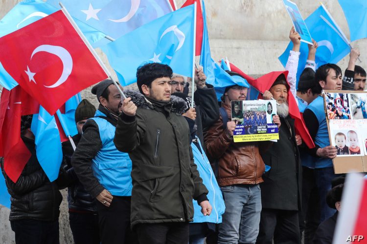 Uighurs living in Turkey stage a demonstration to commemorate the anniversary of the deadly ethnic unrests of 1997 in Gulja, China's far-western Xinjiang Uighur Autonomous Region, in Ankara on February 5, 2020. (Photo by Adem ALTAN / AFP)