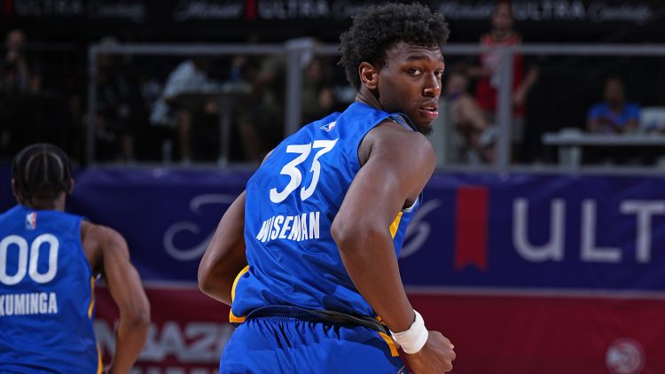 LAS VEGAS, NV - JULY 10: James Wiseman #33 of the Golden State Warriors runs up court against the San Antonio Spurs during the 2022 Las Vegas Summer League on July 10, 2022 at the Thomas & Mack Center in Las Vegas, Nevada NOTE TO USER: User expressly acknowledges and agrees that, by downloading and/or using this Photograph, user is consenting to the terms and conditions of the Getty Images License Agreement. Mandatory Copyright Notice: Copyright 2022 NBAE (Photo by Garrett Ellwood/NBAE via Getty Images)