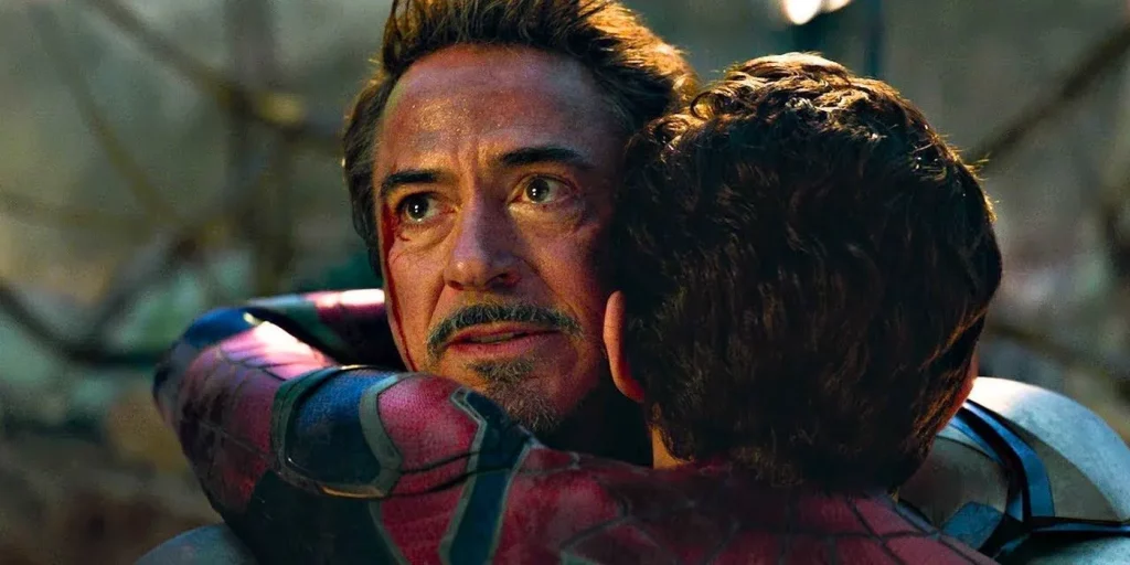 Avengers Endgame Spider Man hugging Iron Man Robert Downey Jr Tom Holland