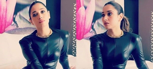 Tamannaah Bhatia exudes oomph factor in sexy faux black bodycon leather dress worth Rs.14744 for MasterChef Telugu 4 e1663563984105