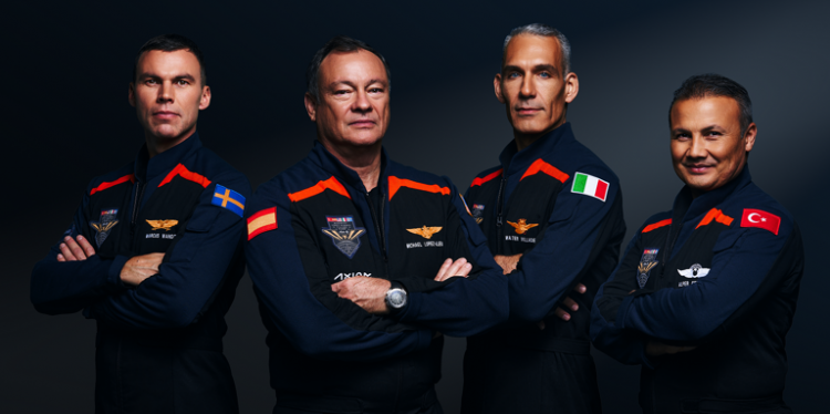 The crew of Axiom-3, from left to right: ESA astronaut Marcus Wandt of Sweden, mission specialist; Axiom Space’s chief astronaut and former NASA astronaut Michael López-Alegría, commander; Italian Air Force Col. Walter Villadei, pilot; and Alper Gezeravci of Turkey, mission specialist.