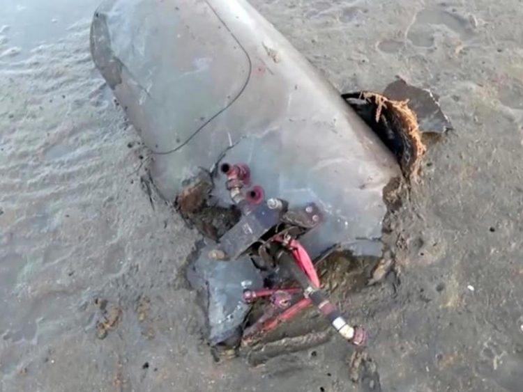 A still image taken of video released by Houthis of what they say is the downing of a U.S. drone off Yemen, Feb. 19, 2024.