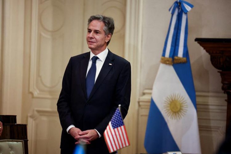 U.S. Secretary of State Antony Blinken looks on as he meets with Argentina's President Javier Milei (not pictured) at the Casa Rosada Presidential Palace, in Buenos Aires, Argentina