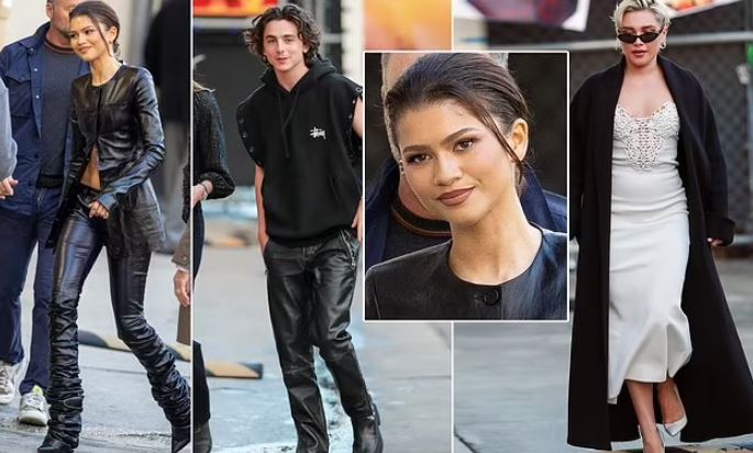 Zendaya sizzles in leather look alongside Dune 2 co stars Florence Pugh and Timothee Chalamet as they arrive to film Jimmy Kimmel Live in LA