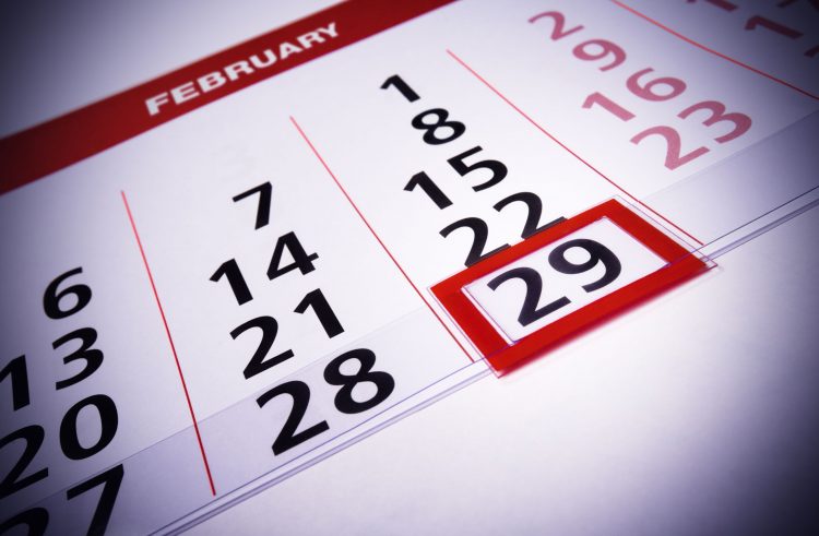February 29th. Date which repeats on leap year. Calendar (rare days) concept.