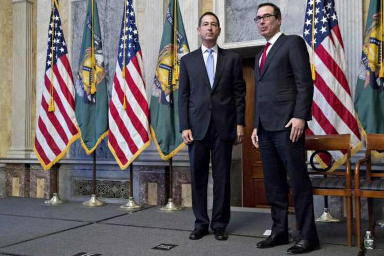 Joseph Otting (left) and Steven Mnuchin at a 2017 swearing-in ceremony in Washington.
© Photographer: Andrew Harrer/Bloomberg via Getty Images
