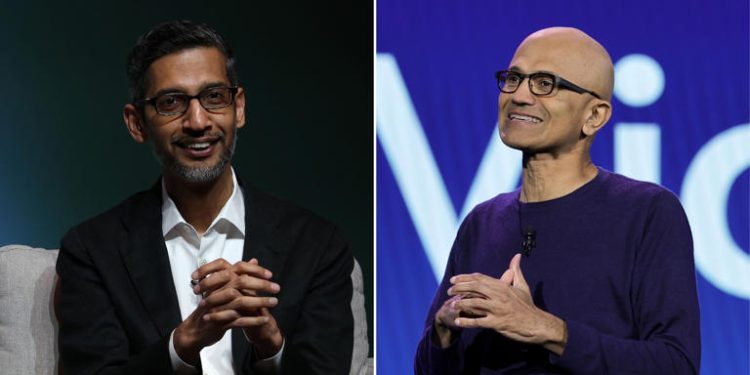 Google CEO Sundar Pichai and Microsoft CEO Satya Nadella both attributed part of their strong quarterly performance to their companies' investment in AI. Justin Sullivan, Ethan Miller/Getty Images
© Justin Sullivan, Ethan Miller/Getty Images
