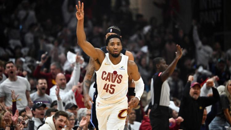 CLEVELAND, OHIO - APRIL 20: Donovan Mitchell #45 of the Cleveland Cavaliers celebrates after scoring during the first quarter of game one of the Eastern Conference First Round Playoffs against the Orlando Magic at Rocket Mortgage Fieldhouse on April 20, 2024 in Cleveland, Ohio. NOTE TO USER: User expressly acknowledges and agrees that, by downloading and or using this photograph, User is consenting to the terms and conditions of the Getty Images License Agreement. (Photo by Jason Miller/Getty Images)