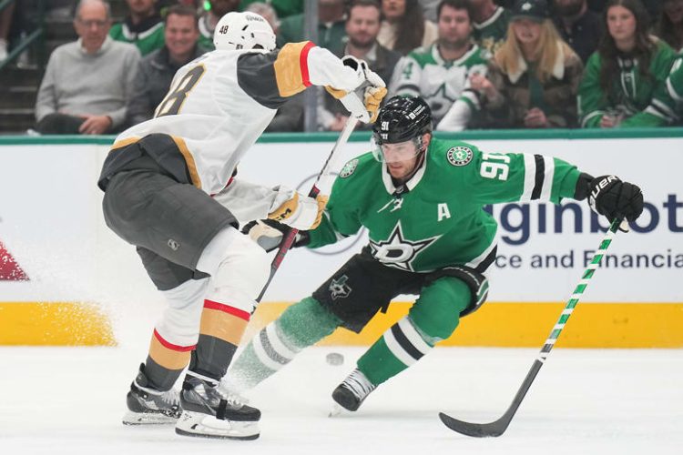 Dallas Stars center Tyler Seguin (91) fights for the puck against Vegas Golden Knights center Tomas Hertl (48) during the first period of an NHL playoff hockey game at the American Airlines Center on Monday, April 22, 2024, in Dallas.
© Smiley N. Pool/The Dallas Morning News/TNS