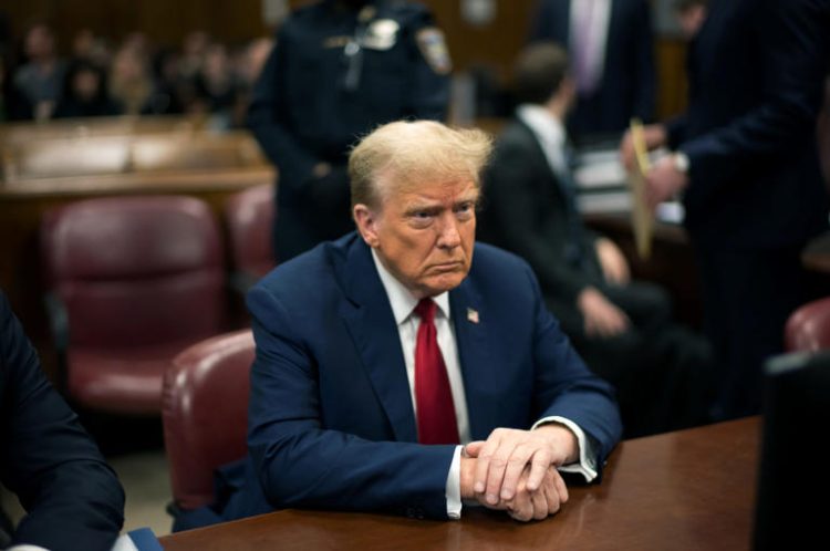 APRIL 23: Former U.S. President Donald Trump appears in court for his trial for allegedly covering up hush money payments at Manhattan Criminal Court on April 23, 2024 in New York City. Former U.S. President Donald Trump faces 34 felony counts of falsifying business records in the first of his criminal cases to go to trial.