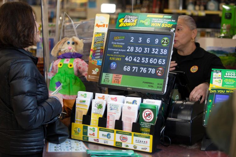 Lottery tickets are sold at a register.