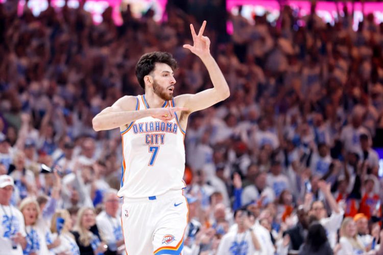 Oklahoma City forward Chet Holmgren (7) celebrates a 3-pointer in the first quarter during game one of the NBA playoffs between the Oklahoma City Thunder and the New Orleans Pelicans at the Paycom Center in Oklahoma City, on Sunday, April 21, 2024.