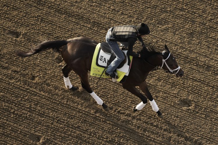 Kentucky Derby entrant Fierceness works out at Churchill Downs Thursday, May 2, 2024, in Louisville, Ky. The 150th running of the Kentucky Derby is scheduled for Saturday, May 4. (AP Photo/Charlie Riedel)