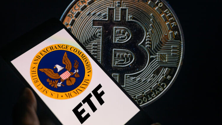 The seal of the U.S. Securities and Exchange Commission is being displayed on a smartphone, with Bitcoin visible on the screen in the background, in this photo illustration taken in Brussels, Belgium, on January 9, 2024. Getty Images