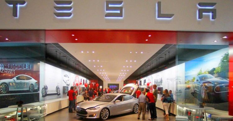 Tesla Showroom: “Tesla vehicles on display at a showroom, symbolizing the company’s enduring appeal despite stock market fluctuations.”