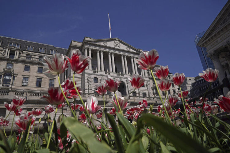 A general view of the Bank of England in London, Thursday May 9, 2024. The Bank of England has kept its main U.K. interest rate at a 16-year high of 5.25% with several policymakers still worrying about some key inflation measures. In a statement Thursday, the bank’s nine-member Monetary Policy Committee voted 7-2 to keep rates unchanged, with the 2 dissenters backing a quarter-point reduction.