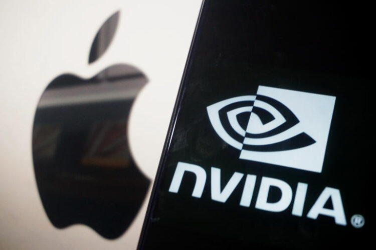 The NVIDIA logo and the Apple logo. (CFOTO/Future Publishing via Getty Images)