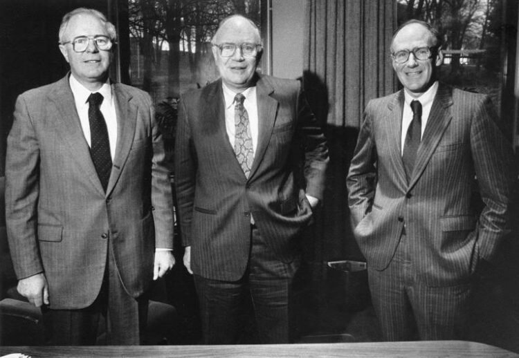 The Irving brothers, from left, John, James and Arthur are seen Nov. 7, 1987. Businessman James K. Irving has died at the age of 96. THE CANADIAN PRESS/Scott Perry