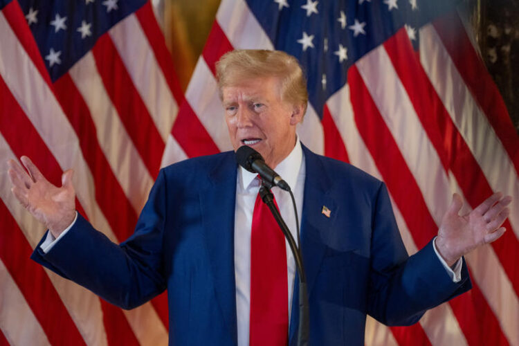 Former President and Republican Presidential candidate Donald Trump speaks during a press conference at Trump Tower on May 31, 2024 in New York City. The former president reportedly suggested replacing income tax with a tariff policy.