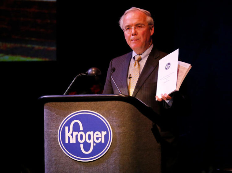 Kroger CEO Rodney McMullen speaks during the company's annual shareholders meeting at the School for Creative and Performing Arts in the Over-the-Rhine neighborhood of Cincinnati on Thursday, June 22, 2017.