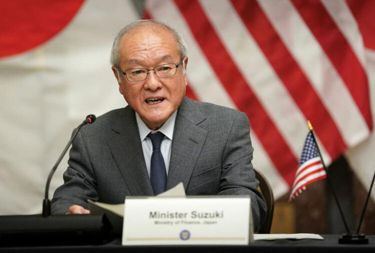 Japanese Finance Minister Shunichi Suzuki speaks during a meeting with U.S. Treasury Secretary Janet Yellen and Korean Finance Minister Choi Sang-mok on the sidelines of the IMF/G20 meetings, at the U.S. Treasury in Washington, U.S., April 17, 2024. REUTERS/Kevin Lamarque/File Photo