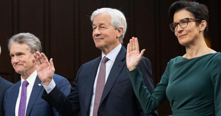 (L-R) Brian Moynihan, Chairman and CEO of Bank of America; Jamie Dimon, Chairman and CEO of JPMorgan Chase; and Jane Fraser, CEO of Citigroup; testify during a Senate Banking Committee hearing at the Hart Senate Office Building in Washington, D.C., on Dec. 6, 2023.