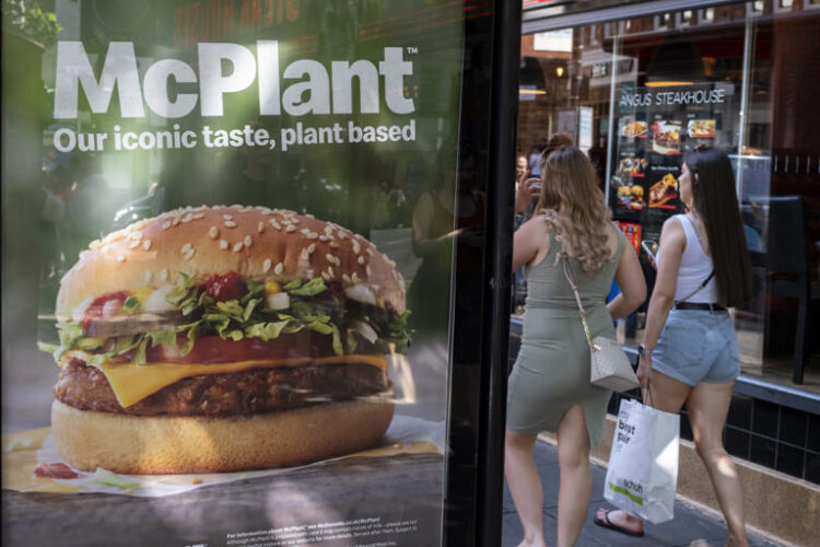 Advertising for the McPlant burger, a plant based vegetarian alternative to more traditional meat burgers by fast food giant McDonalds on 11th July 2022 in London, United Kingdom. Mike Kemp/Getty Images