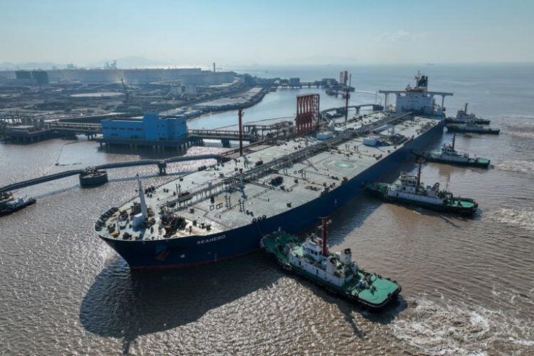 An aerial view shows a crude oil tanker at an oil terminal off Waidiao island in Zhoushan, Zhejiang province, China January 4, 2023. China Daily via REUTERS/File Photo