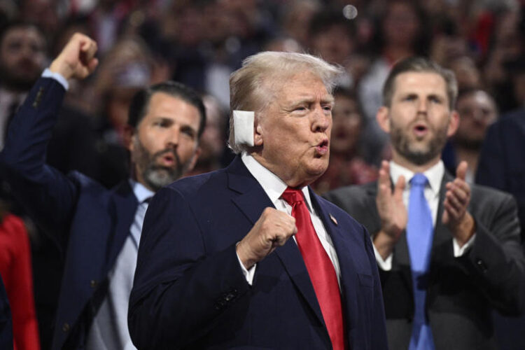 US former President and 2024 Republican presidential candidate Donald Trump gestures during the first day of the 2024 Republican National Convention at the Fiserv Forum in Milwaukee, Wisconsin, July 15, 2024.