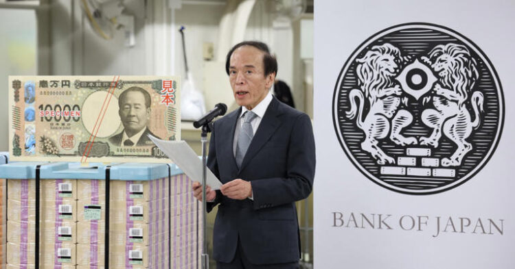 Bank of Japan Governor Kazuo Ueda delivers a speech at the start of issuance of new yen banknotes at the Bank of Japan headquarters in Tokyo on July 3, 2024.