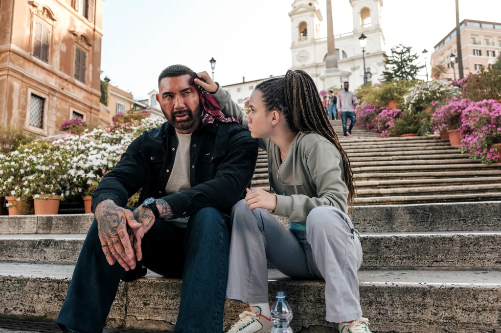 Dave Bautista as JJ and Chloe Coleman as Sophie in My Spy The Eternal City Photo GRAHAM BARTHOLOMEW AMAZON CONTENT SERVICES LLC