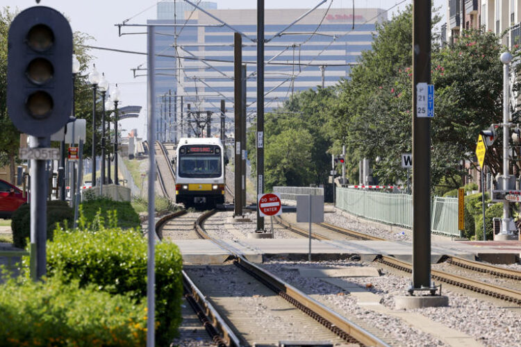 A DART light rail train arrives at the downtown Plano Station, Wednesday, Aug. 7, 2024, in Plano, Texas.