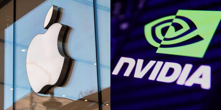 Nvidia and Apple's share prices plunged ahead of the open on Monday amid a global sell-off. Fernando Gutierrez-Juarez/Getty (L); NurPhoto/Getty