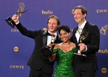 US actor Jeremy Allen White (L), poses in the press room with the award for Outstanding Lead Actor in a Comedy Series for "The Bear", US actress Liza Colon-Zayas (C) poses in the press room with the award for Outstanding Supporting Actress in a Comedy Series for "The Bear", US actor Ebon Moss-Bachrach (R) poses in the press room with the award for Outstanding Supporting Actor in a Comedy Series for "The Bear"  during the 76th Emmy Awards at the Peacock Theatre at L.A. Live in Los Angeles on September 15, 2024. (Photo by Robyn Beck / AFP) (Photo by ROBYN BECK/AFP via Getty Images)